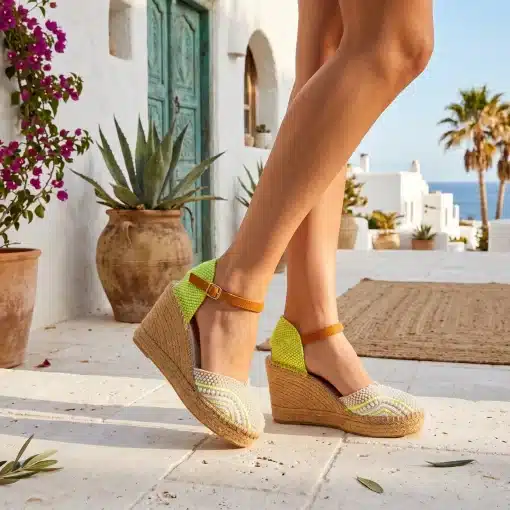 Cuña Alta Beige y Amarillo Fluor con Pulsera Marrón