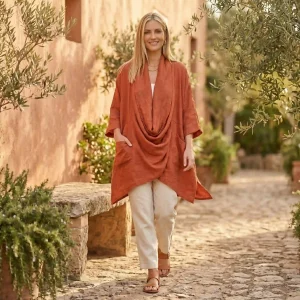Poncho de lino para mujer con mangas de tres cuartos y color terracota Miomio