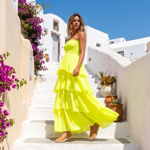 Vestido Largo Volantes Amarillo Flúor