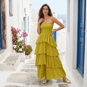 Vestido color mostaza largo para mujer con volantes con parte superior fruncida Miomio