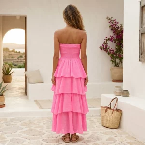 Vestido largo de color rosa con volantes para mujer, ideal para eventos, paseos y ambientes de verano Miomio