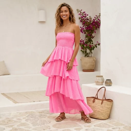 Vestido Largo Volantes Rosa