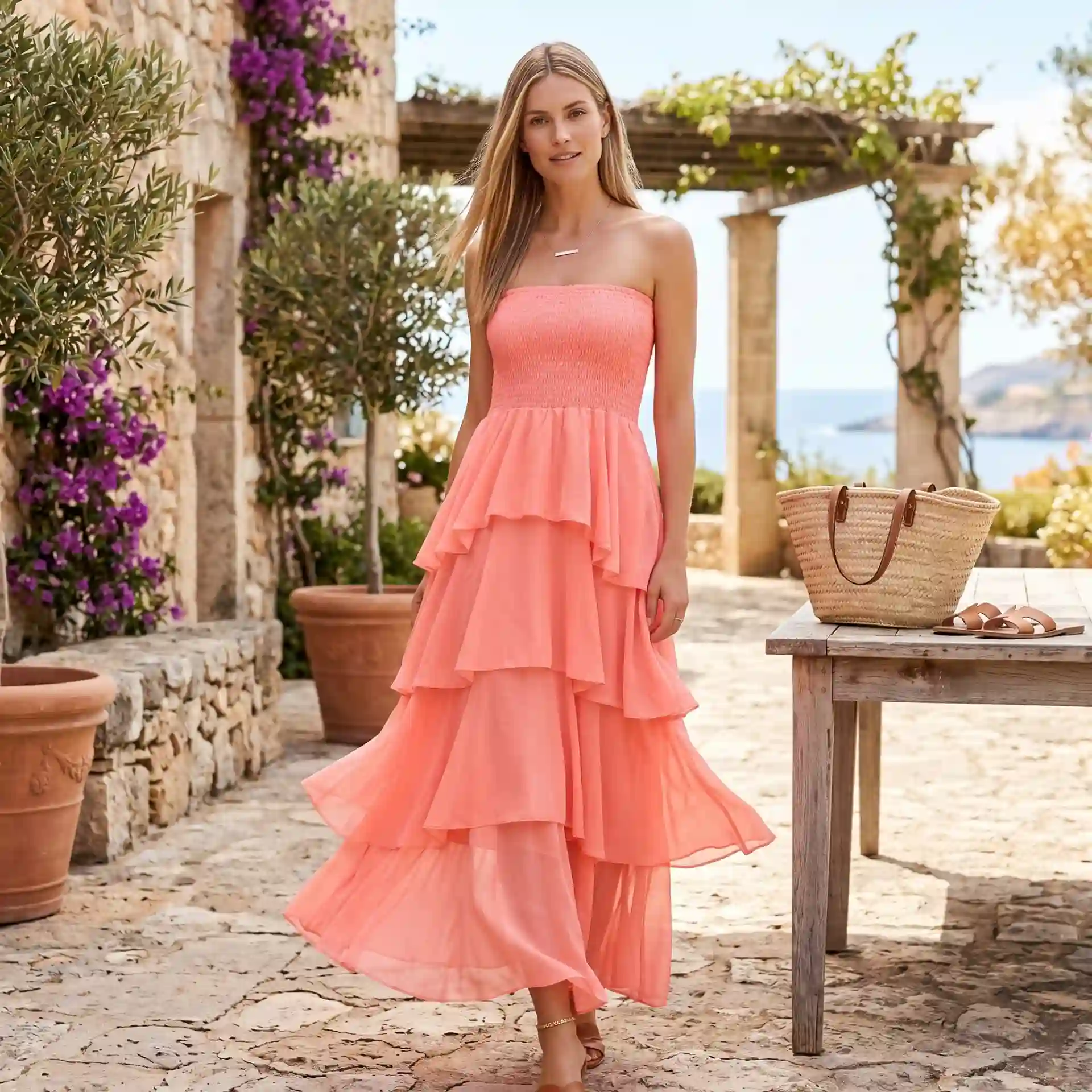 Vestido Largo Volantes Coral
