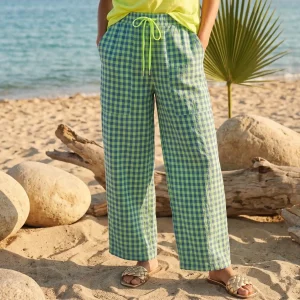 Pantalón de estampado vichy azul y verde lima confeccionado en algodón y poliéster Miomio