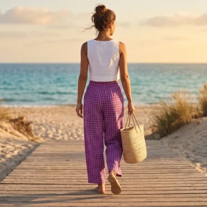 Vista trasera de pantalón con estampado vichy, ideal para looks veraniegos Miomio