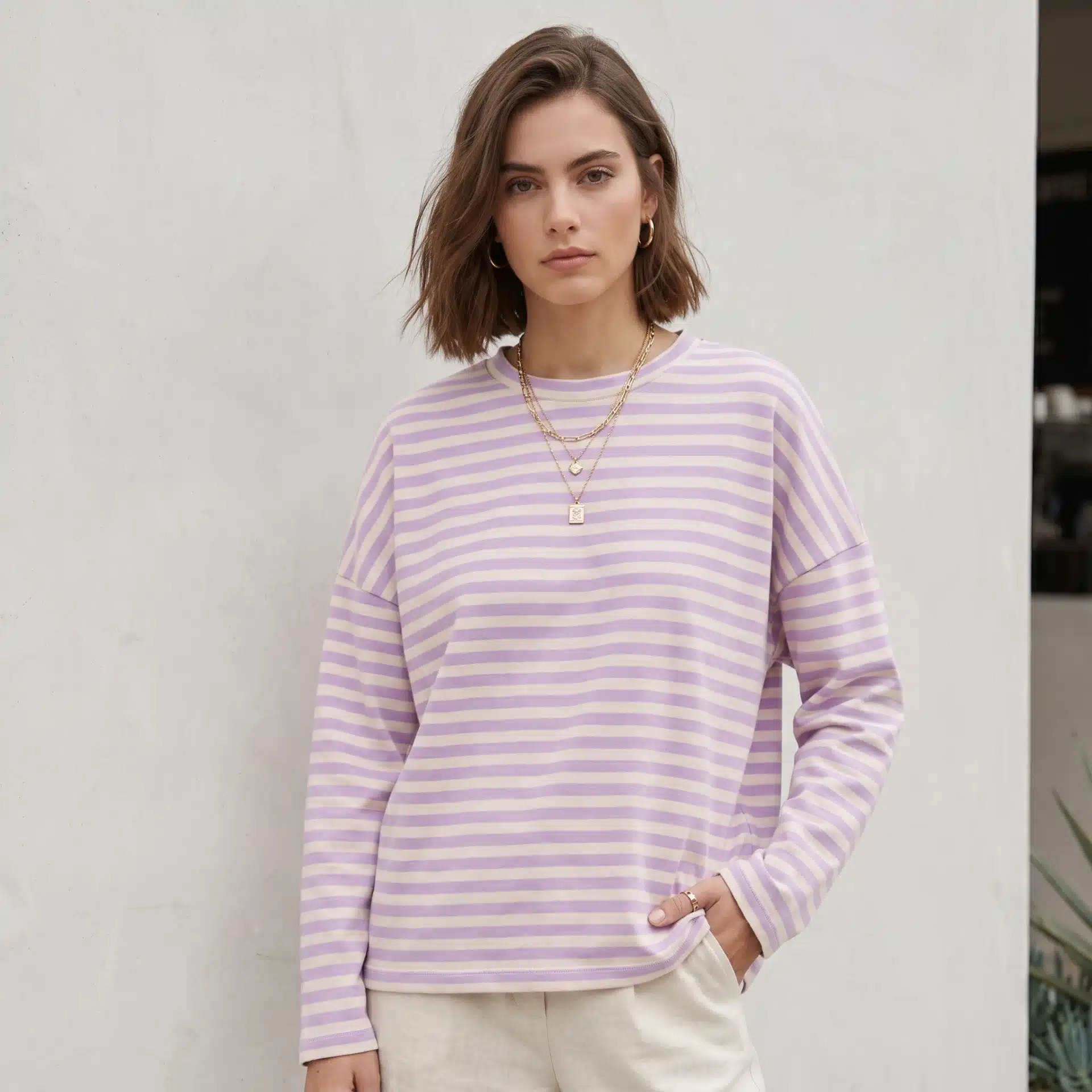 Camiseta Oversize Manga Larga Rayas Malva - Imagen 2