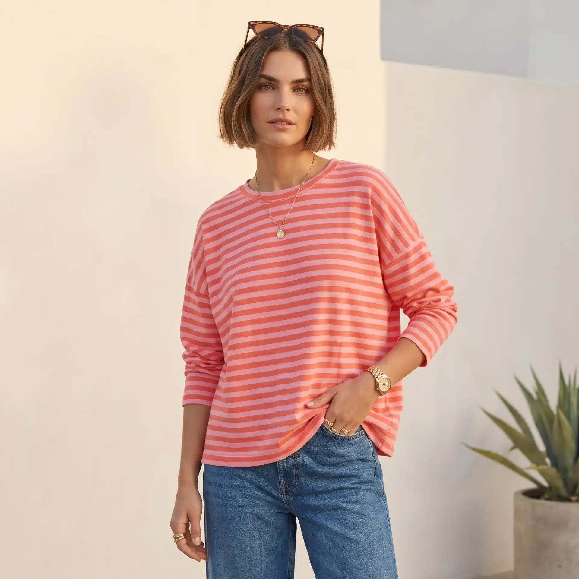 Camiseta Oversize Manga Larga Rayas Naranja