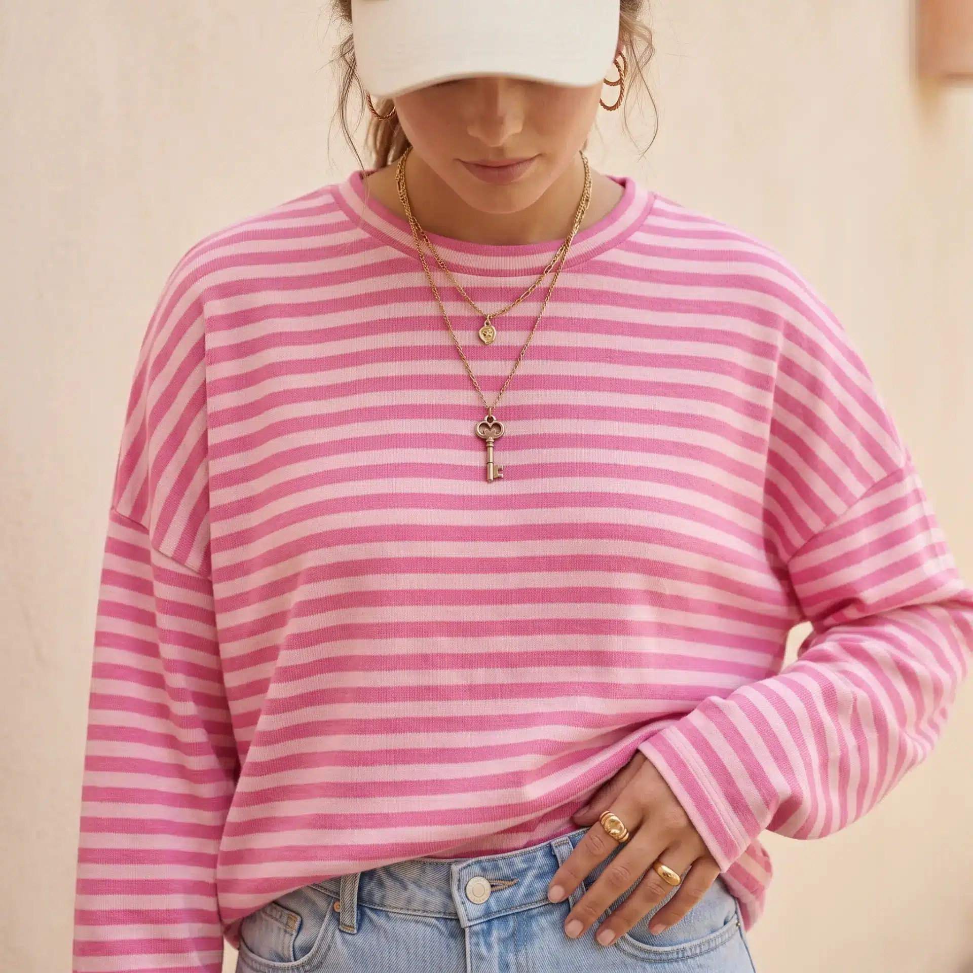 Camiseta Oversize Manga Larga Rayas Rosa