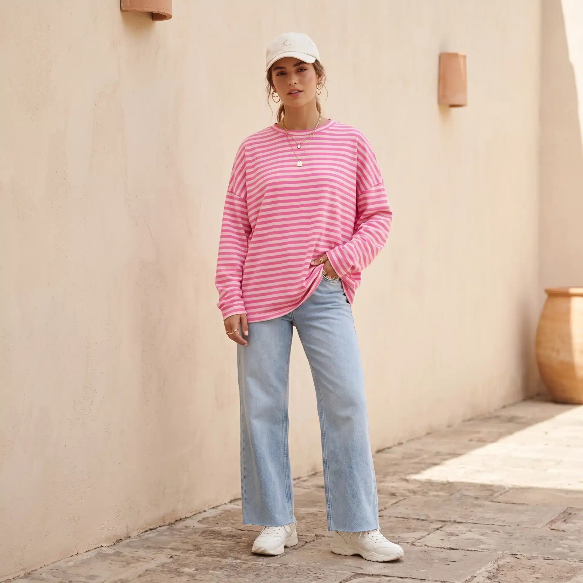 Camiseta Oversize Manga Larga Rayas Rosa - Imagen 2