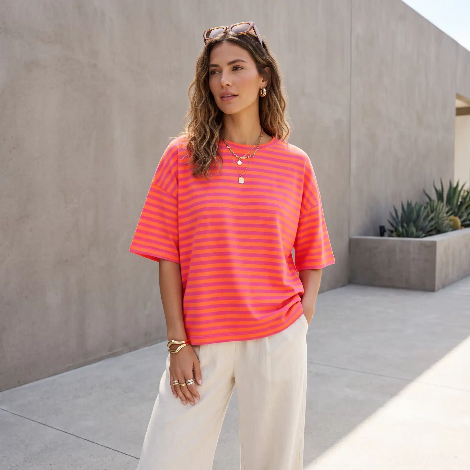 Camiseta Oversize Rayas Naranja - Imagen 2