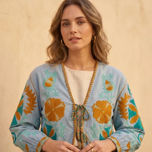 Chaqueta Boho Bordada Azul