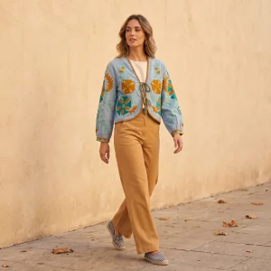 mujer caminando con chaqueta azul claro de manga larga bordada con flores mostaza y turquesa Modamiomio.