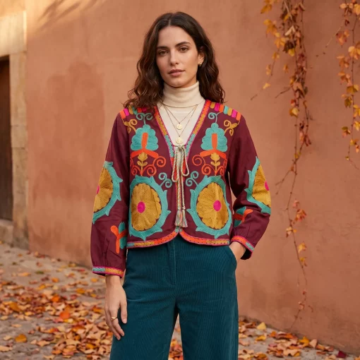 Chaqueta Boho Bordada Burdeos