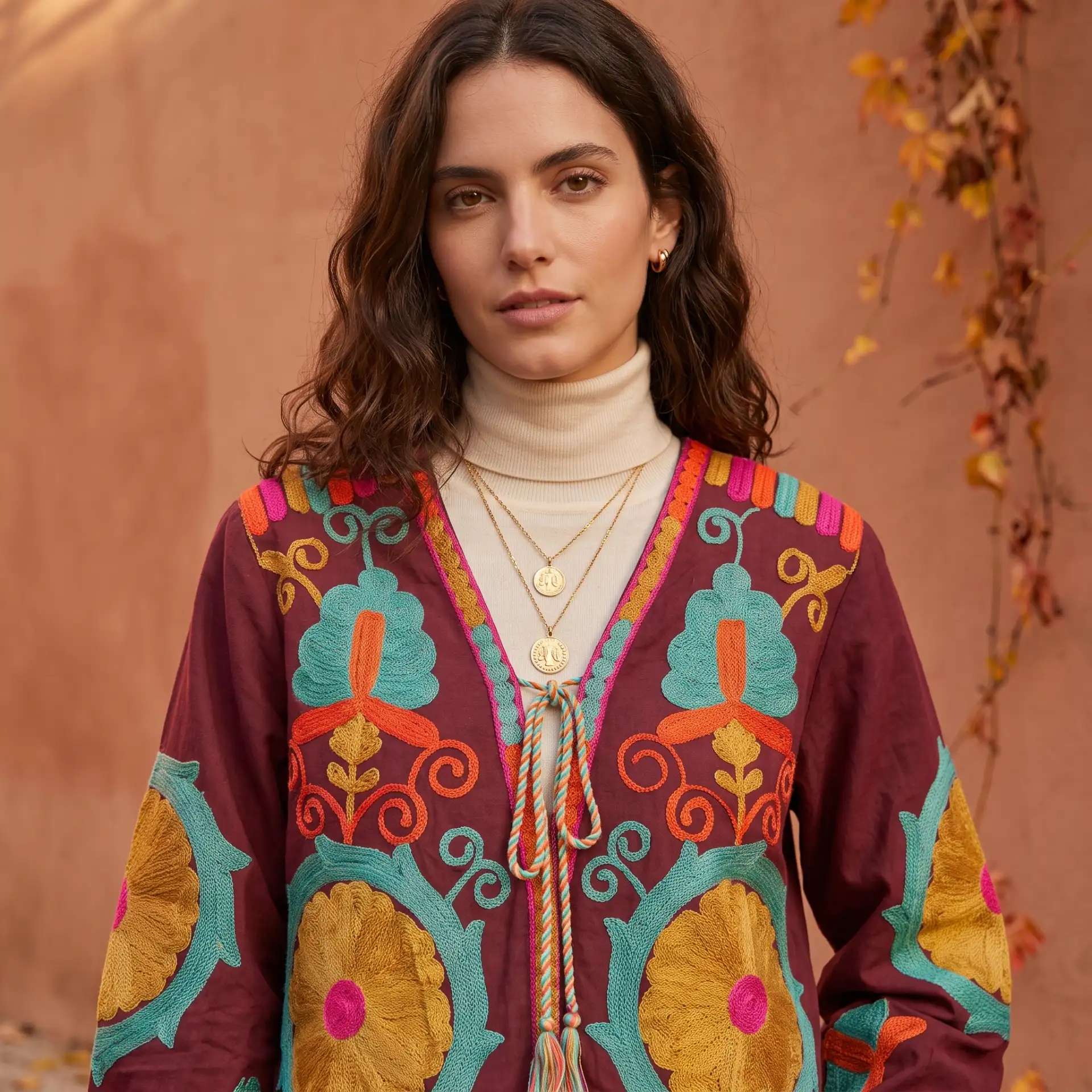 Chaqueta Boho Bordada Burdeos - Imagen 2