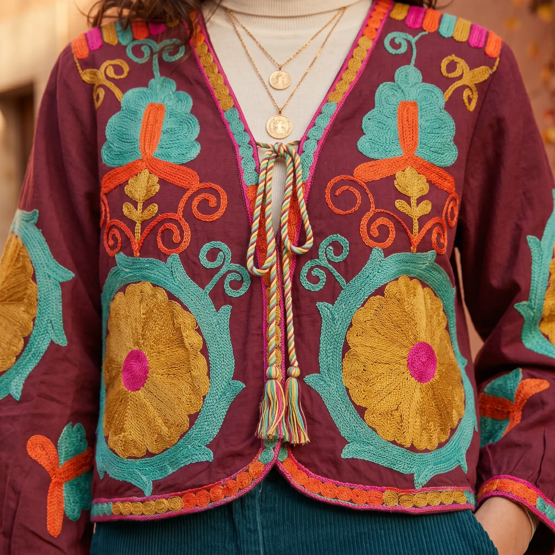Chaqueta Boho Bordada Burdeos - Imagen 3