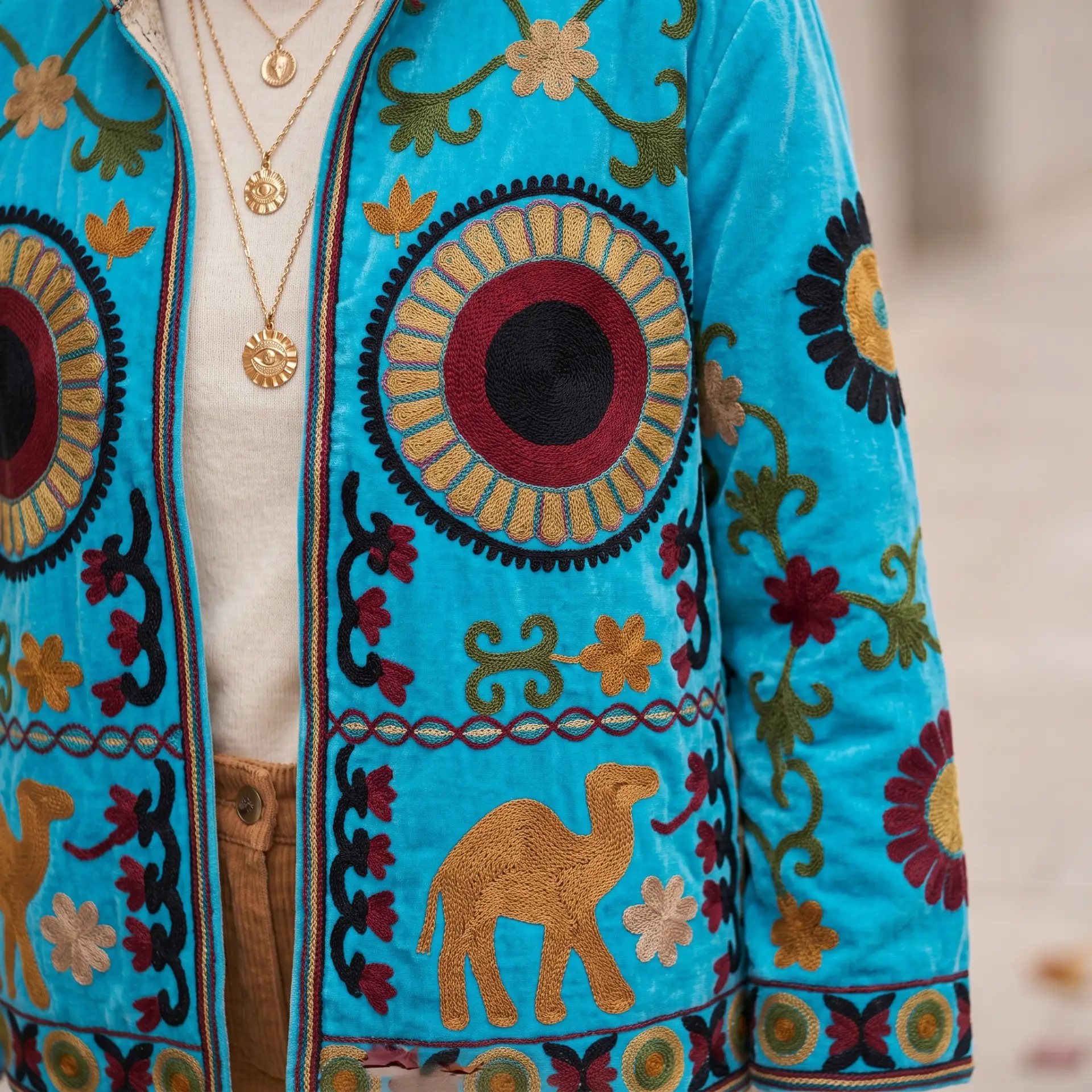 Detalle del bordado floral hecho a mano Kantha y solapa interior a rayas en chaqueta terciopelo de color azul Modamiomio