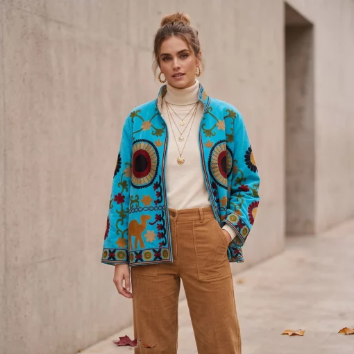 Vista de chaqueta de terciopelo estilo indio en color azul con flores de colores Modamiomio