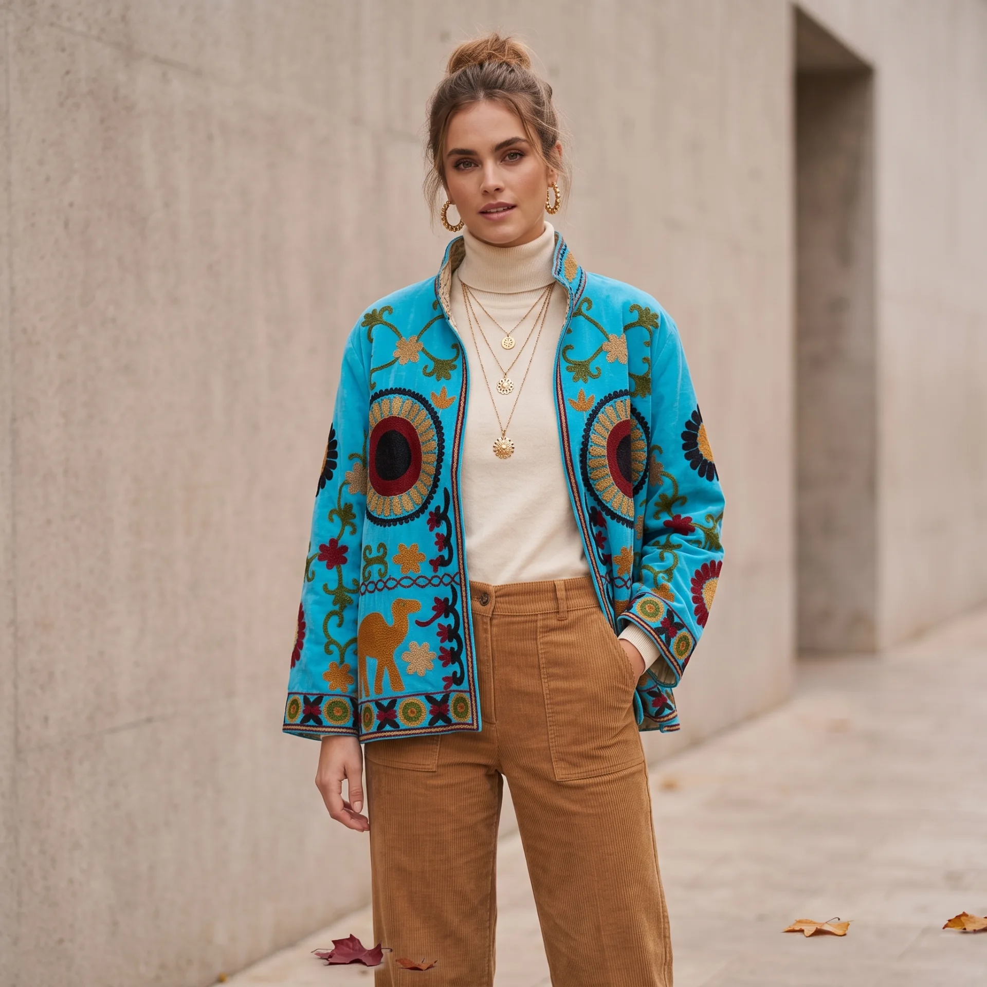 Vista de chaqueta de terciopelo estilo indio en color azul con flores de colores Modamiomio