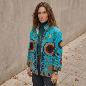 Vista frontal de chaqueta de terciopelo estilo indio bordada con flores de colores y corte oversized.