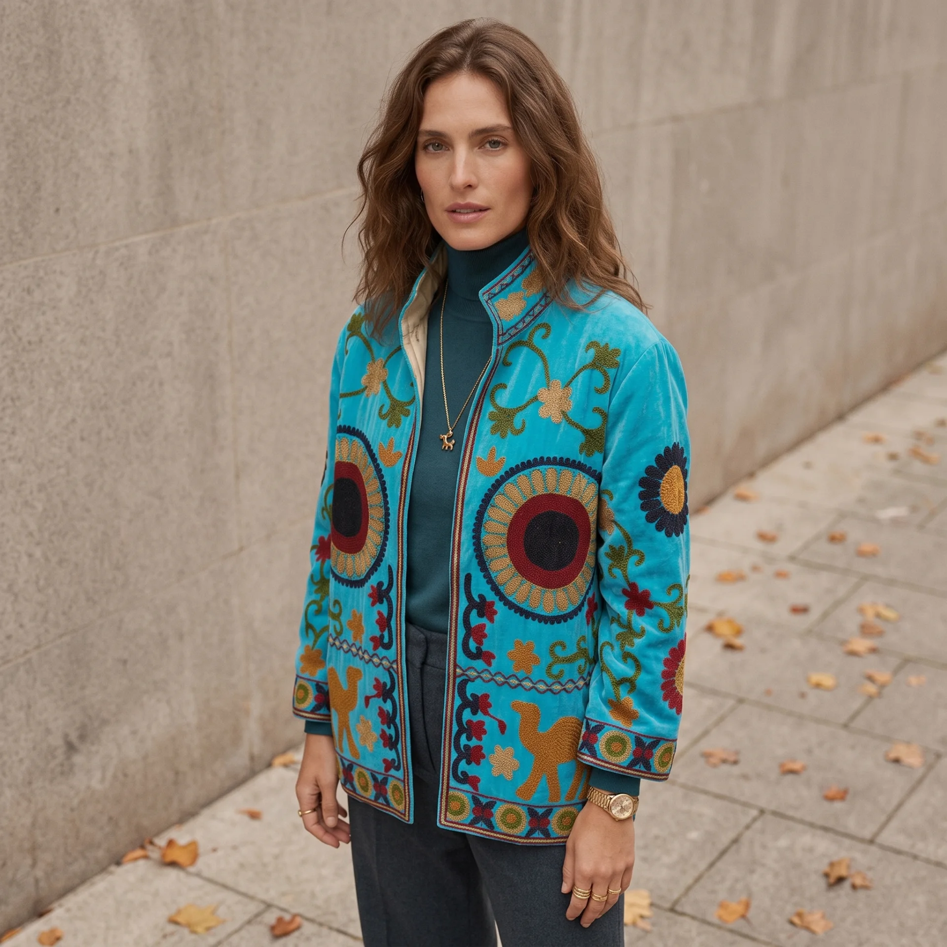 Vista frontal de chaqueta de terciopelo estilo indio bordada con flores de colores y corte oversized.