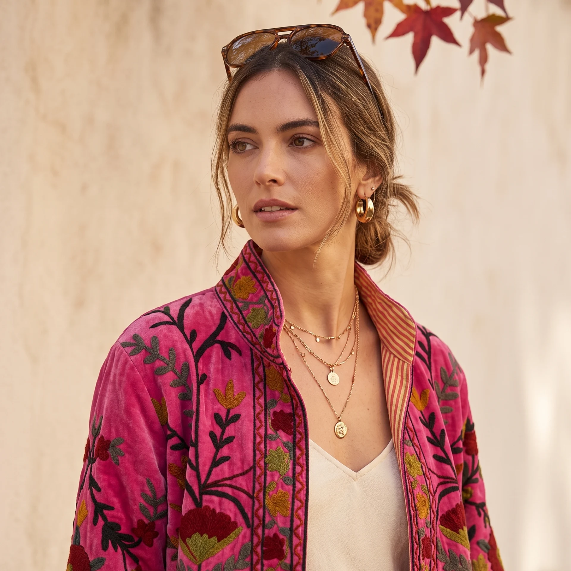 Vista frontal de chaqueta de terciopelo estilo indio bordada con flores de colores y corte oversized.