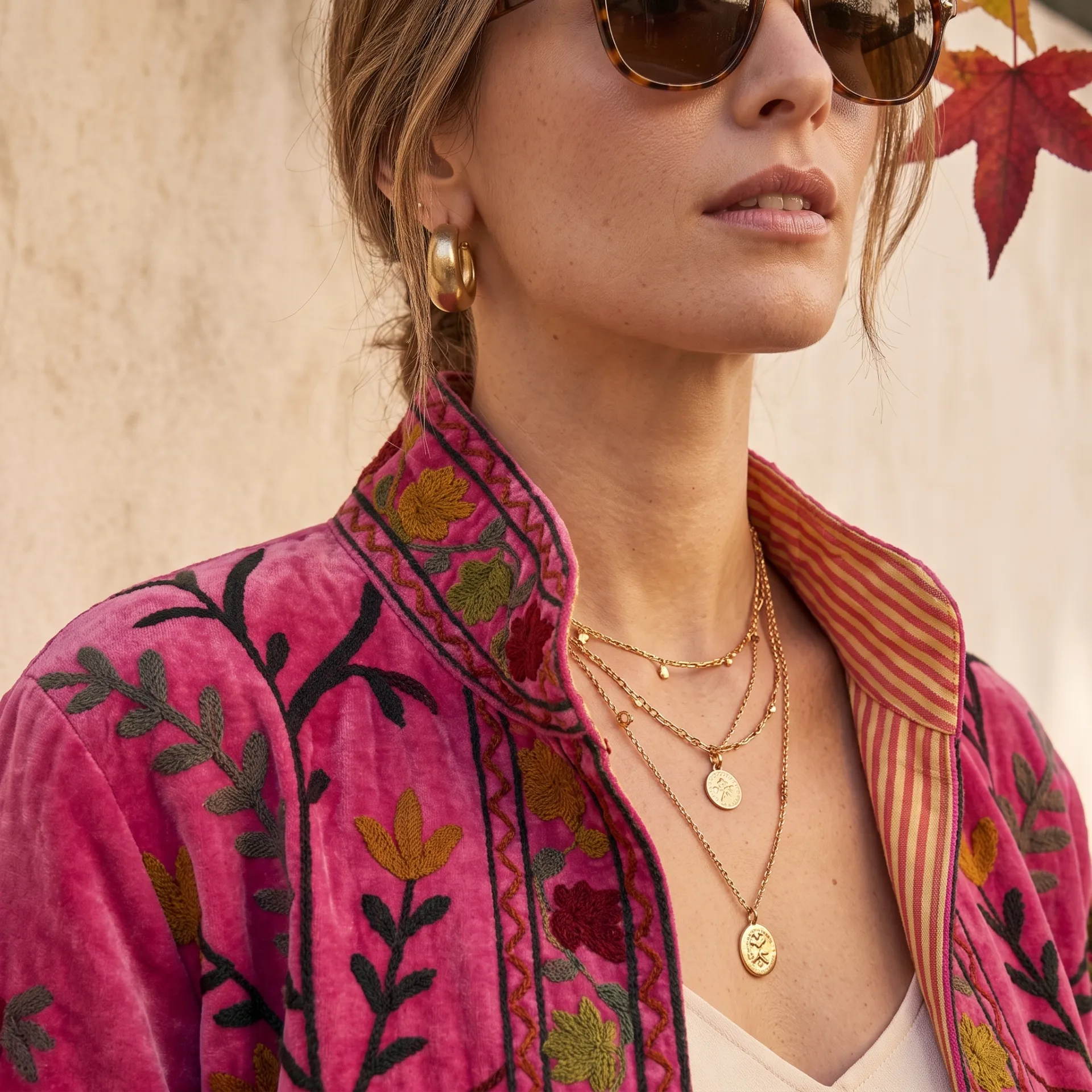 Plano medio de mujer luciendo chaqueta de terciopelo fucsia artesanal con collares dorados y gafas de sol.