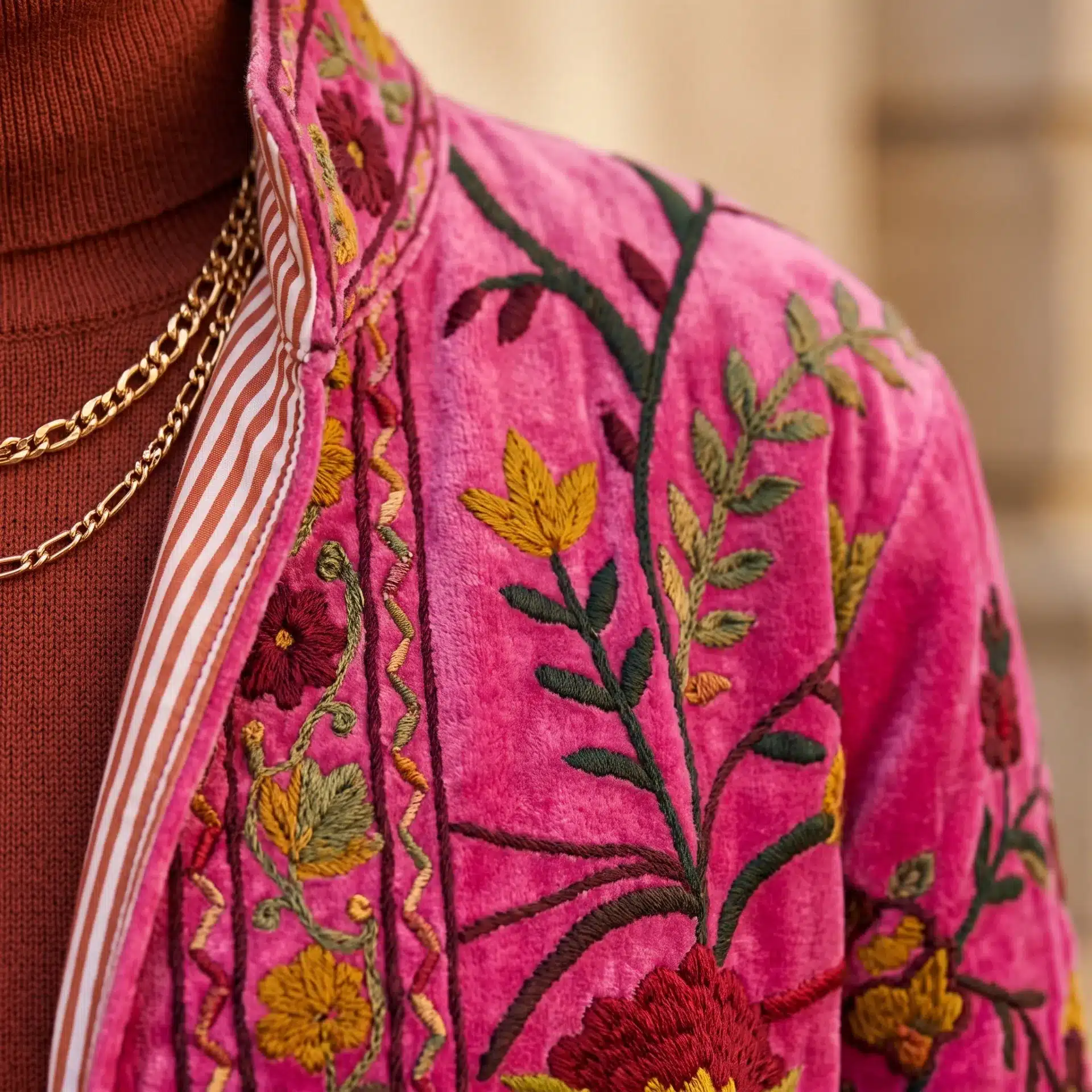 Detalle del bordado floral hecho a mano Kantha y solapa interior a rayas en chaqueta terciopelo de color fucsia Modamiomio
