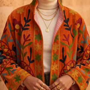 Detalle del bordado floral hecho a mano Kantha y solapa interior a rayas en chaqueta de terciopelo naranja.