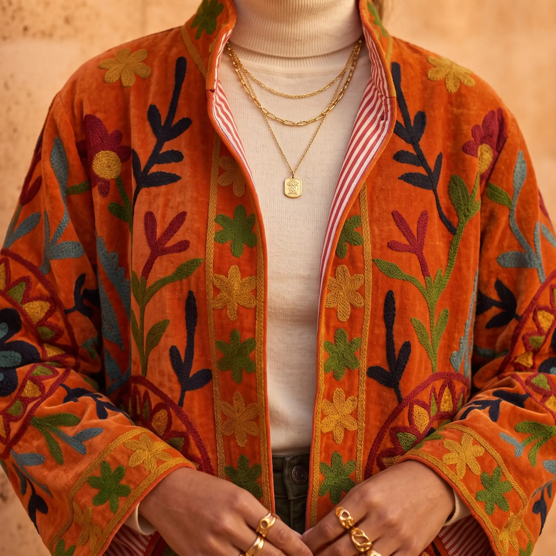 Detalle del bordado floral hecho a mano Kantha y solapa interior a rayas en chaqueta de terciopelo naranja.