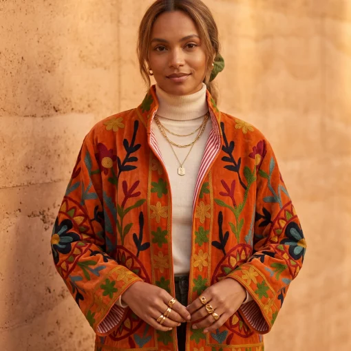 Vista de chaqueta de terciopelo estilo indio en color naranja con flores de colores Modamiomio