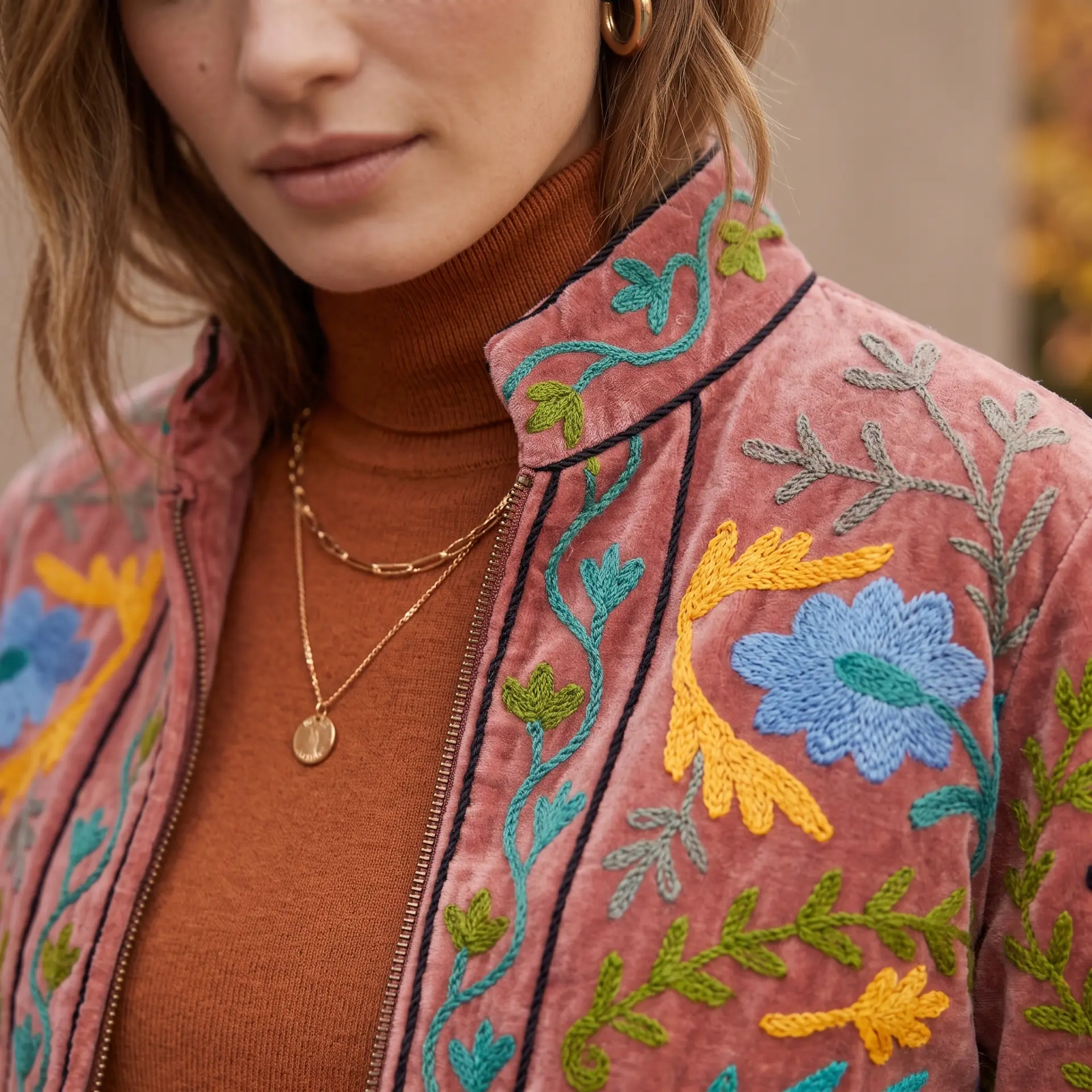 Detalle del bordado floral hecho a mano Kantha y solapa interior a rayas en chaqueta terciopelo de color rosa Modamiomio