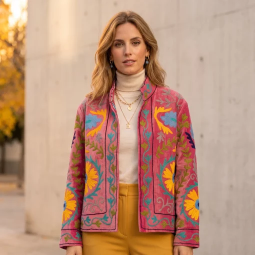 Vista de chaqueta de terciopelo estilo indio en color rosa con flores de colores Modamiomio