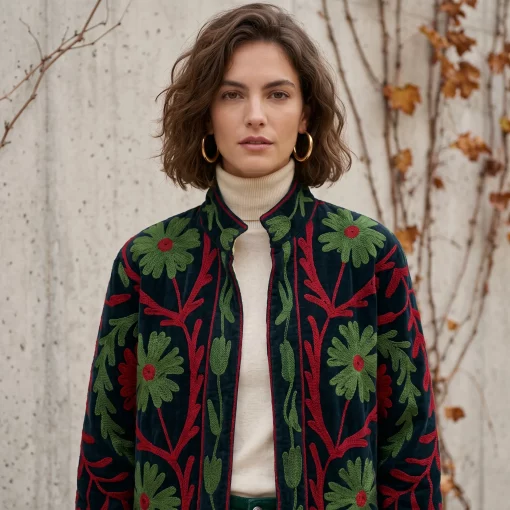 Vista de chaqueta de terciopelo estilo indio en color verde con flores de colores Modamiomio