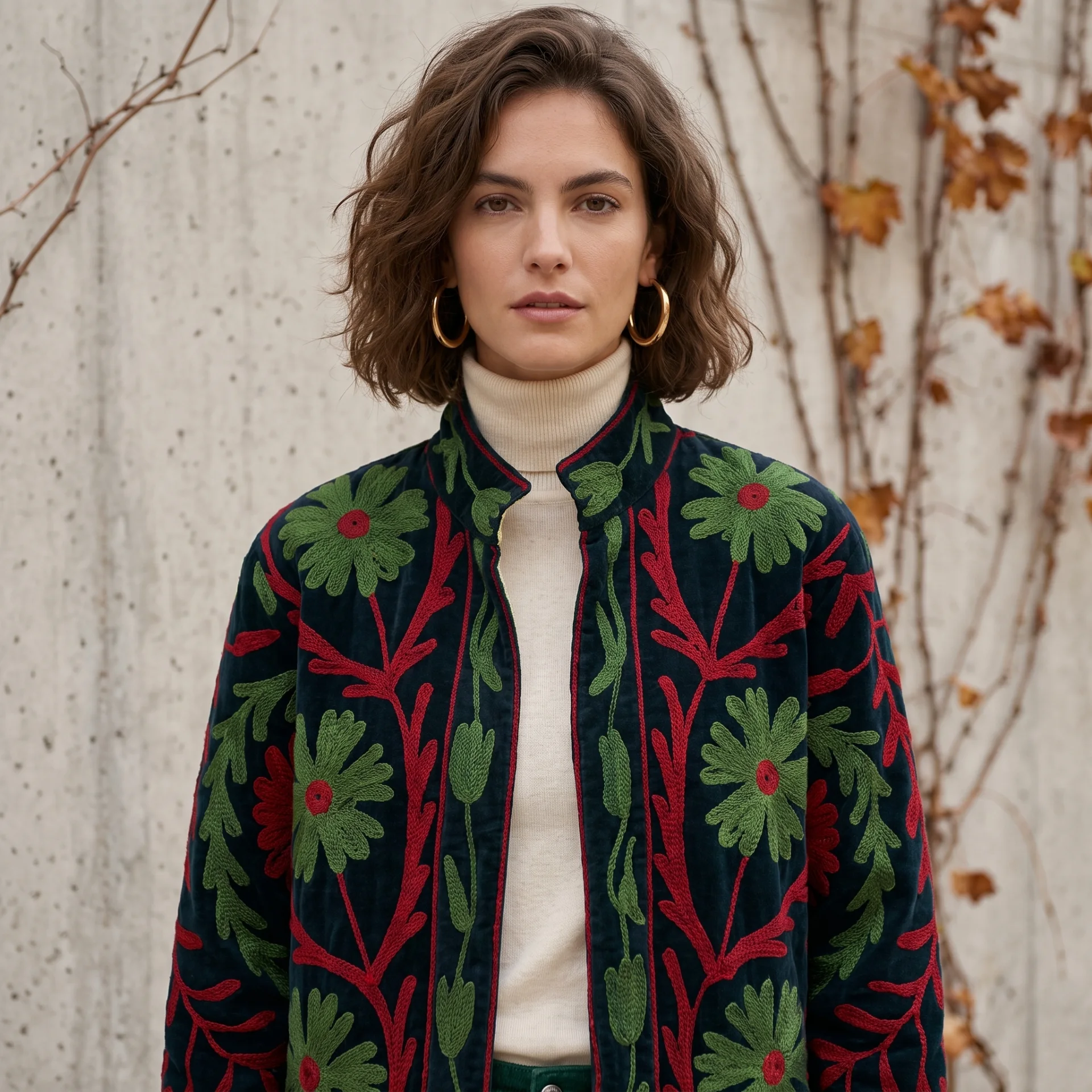 Vista de chaqueta de terciopelo estilo indio en color verde con flores de colores Modamiomio