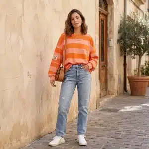Sudadera en color naranja con estampado de rayas y parche "fly to the moon" Modamiomio