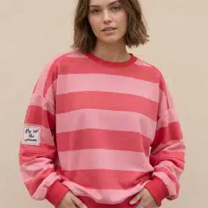 Sudadera en color rosa con estampado de rayas y parche "fly to the moon" Modamiomio
