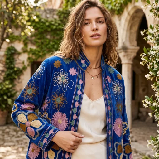 Chaqueta de estilo bohemio de terciopelo con margaritas bordadas en tonos rosas y dorados