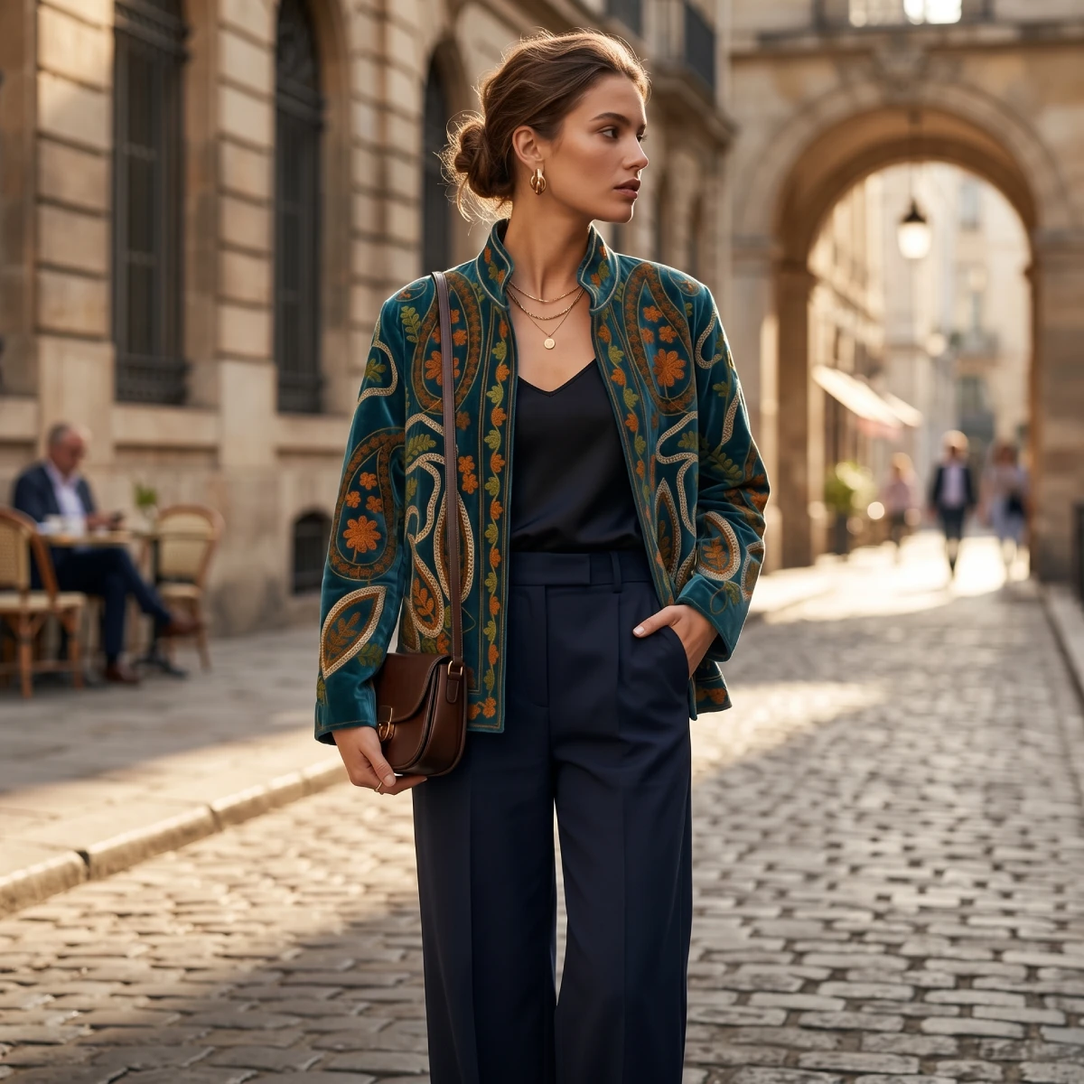 Modelo caminando por la calle con chaquete verde azulado, y pantalón azul oscuro Miomio