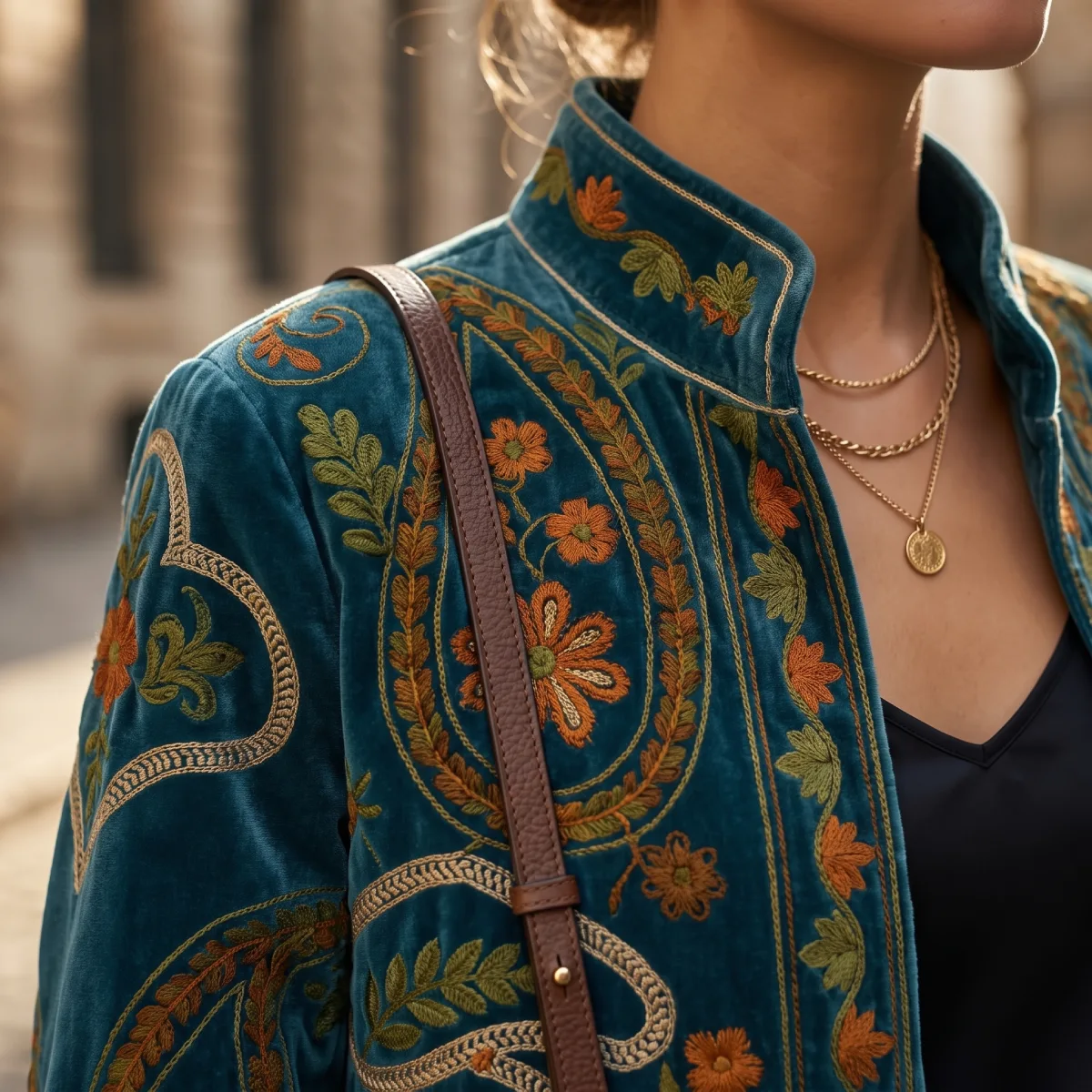 Modelo con la chaqueta verde azulado y bordados florales en color mostaza Modamiomio