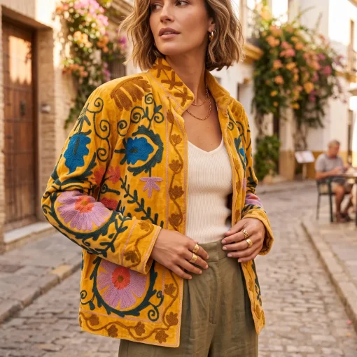 Textura y detalle de chaqueta de terciopelo amarillo mostaza con bordados florales Miomio