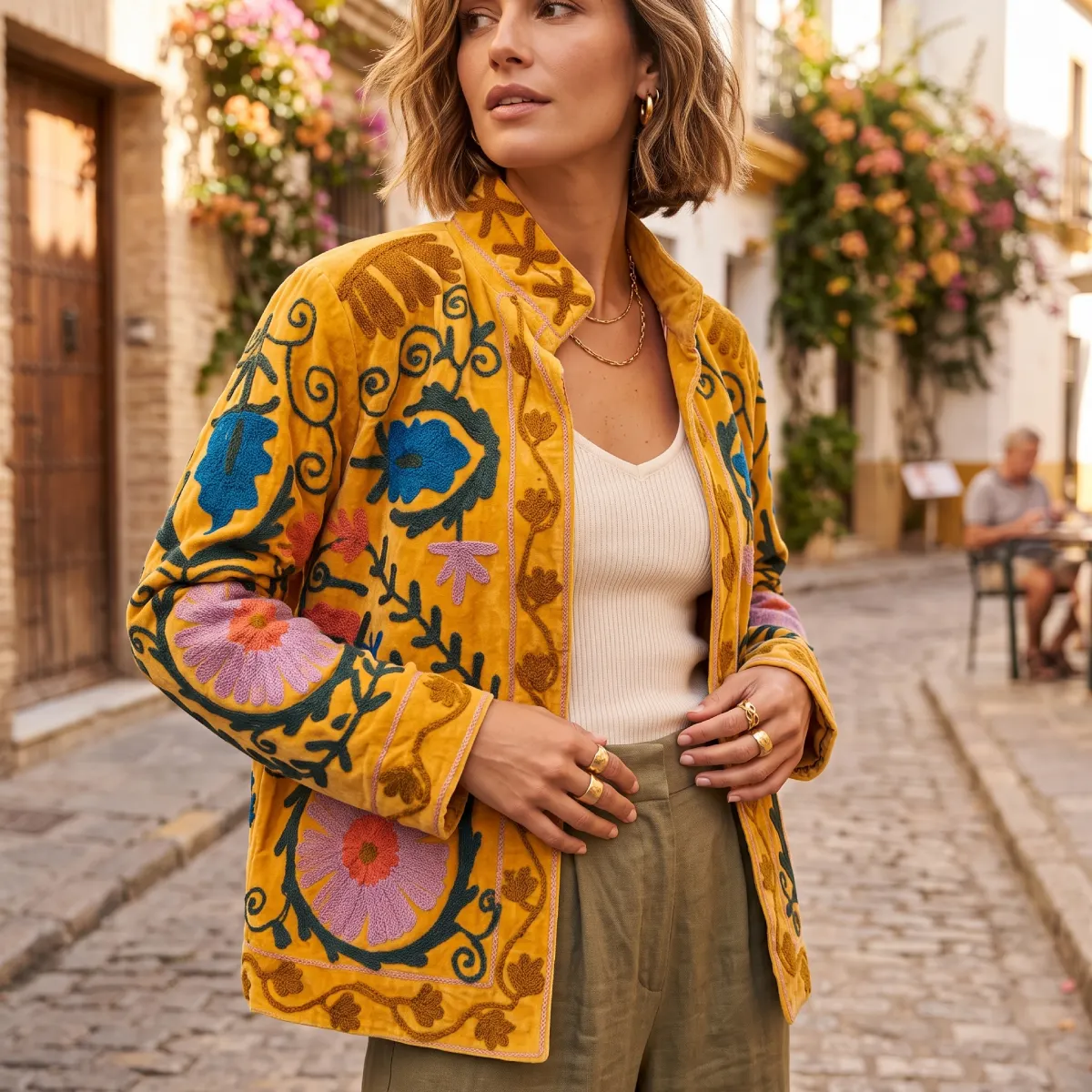 Textura y detalle de chaqueta de terciopelo amarillo mostaza con bordados florales Miomio