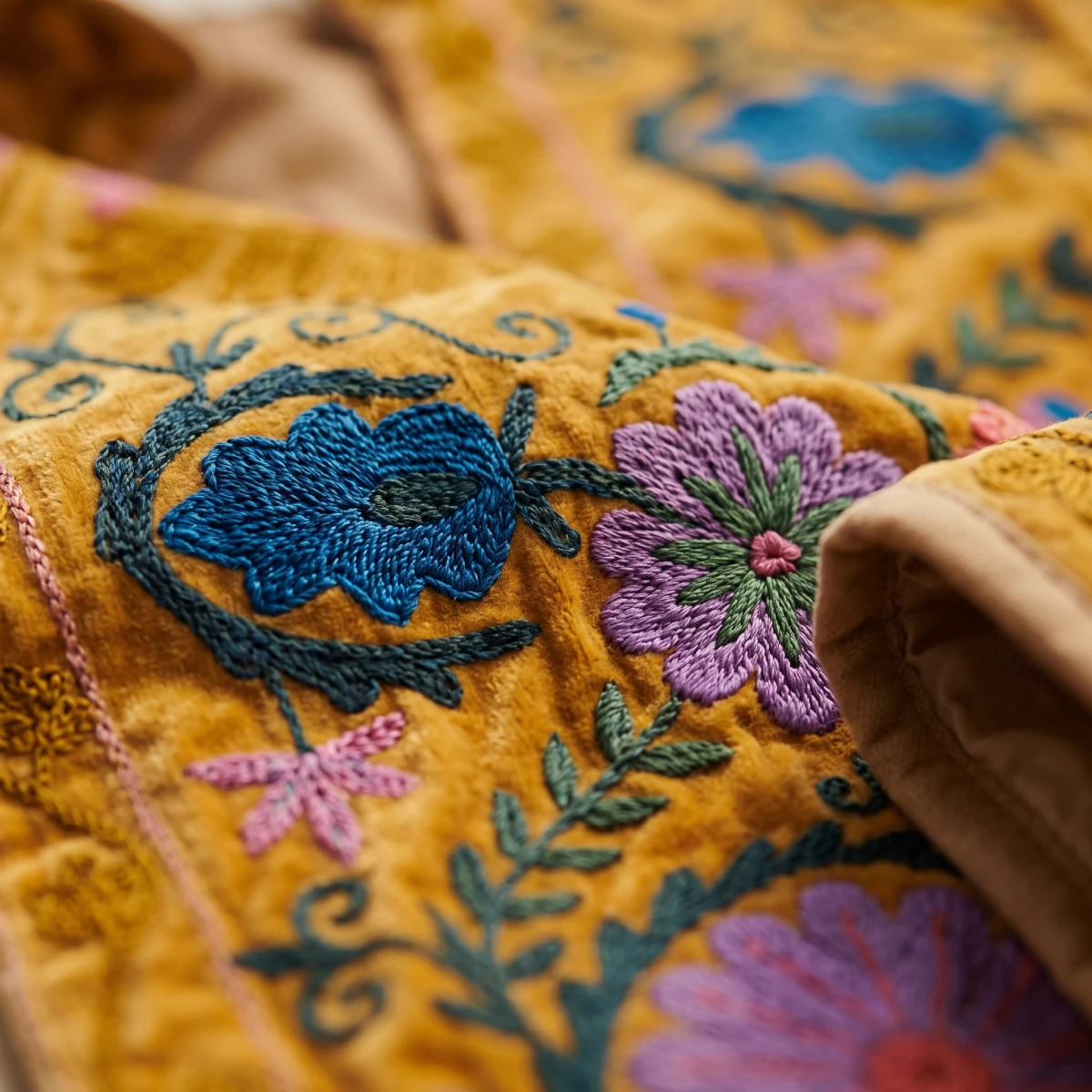 Detalle de chaqueta de terciopelo en color mostaza con bordados étnicos Miomio