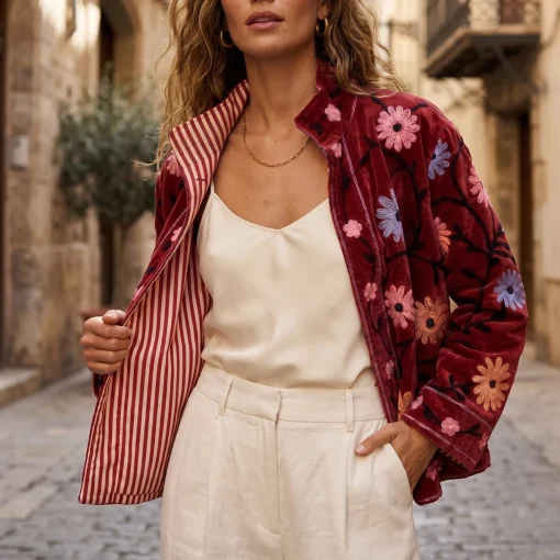 Chaqueta abierta de terciopelo rojo con bordados florales, abierta con diseño interior de rayas Miomio