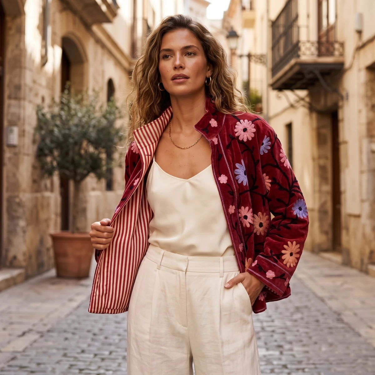 Chaqueta de terciopelo rojo burdeos con bordados florales y forro interior Miomio