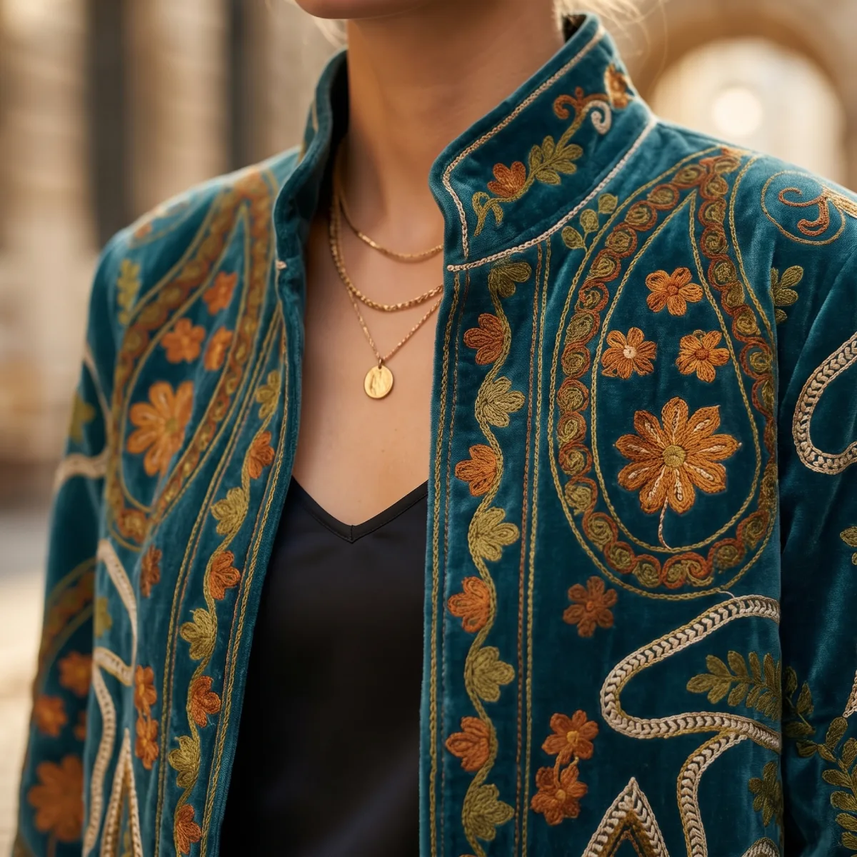 Chaqueta de terciopelo verde teal con bordados étnicos y florales naranjas Moda miomio