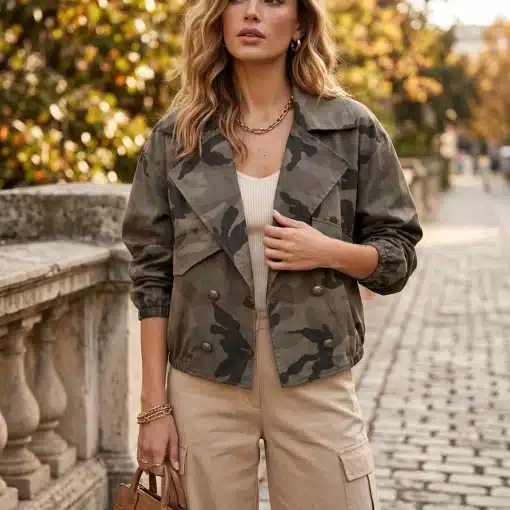 Chaqueta corta de estilo militar con print camuflaje con solapas anchas y doble botonadura dorada Miomio