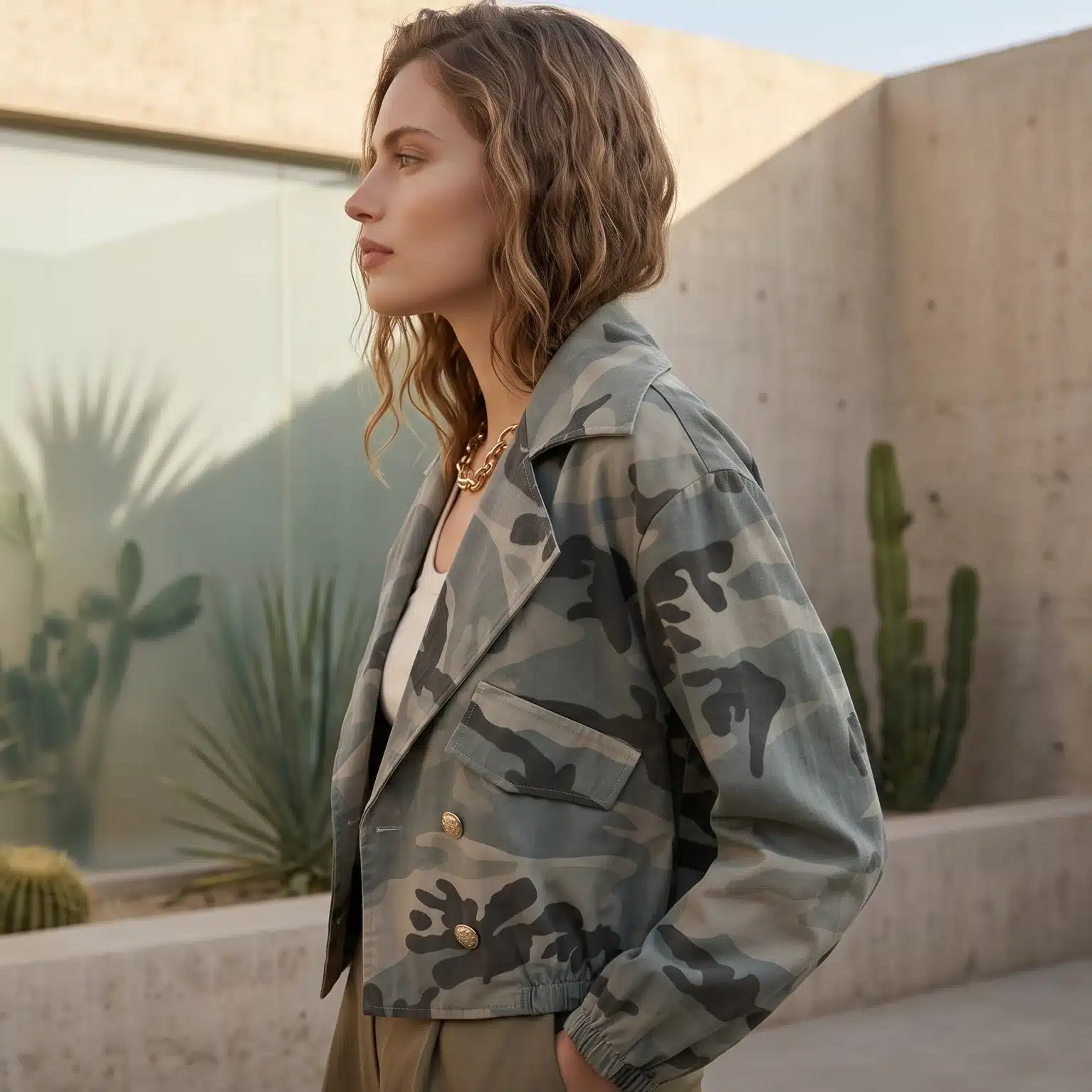 Vista lateral de chaqueta con estampado militar para mujer, puños elásticos y detalles de botones dorados Modamiomio