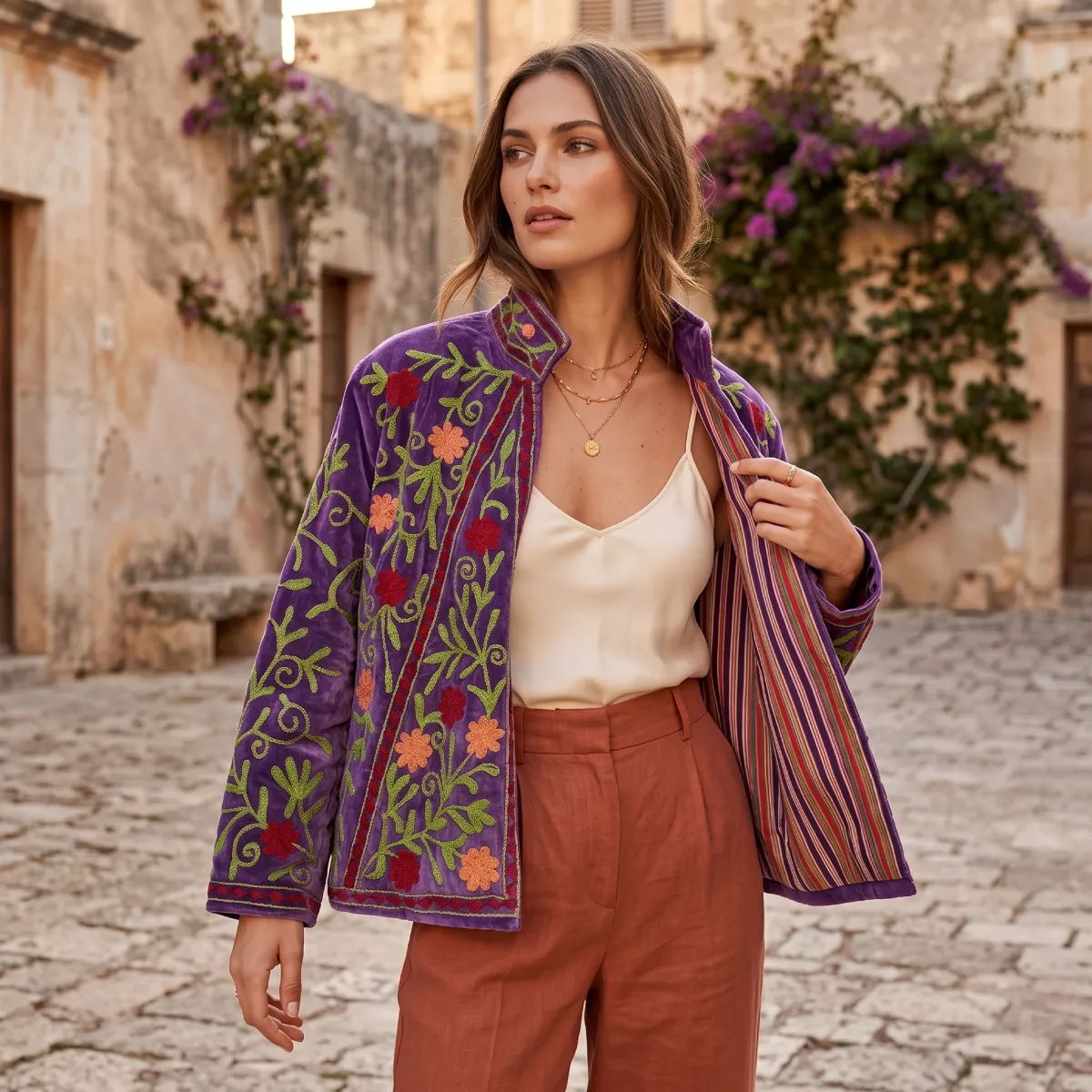 Modelo con chaqueta de terciopelo lila bordada en tonos rojos y verdes, posando con pantalón de color terracota