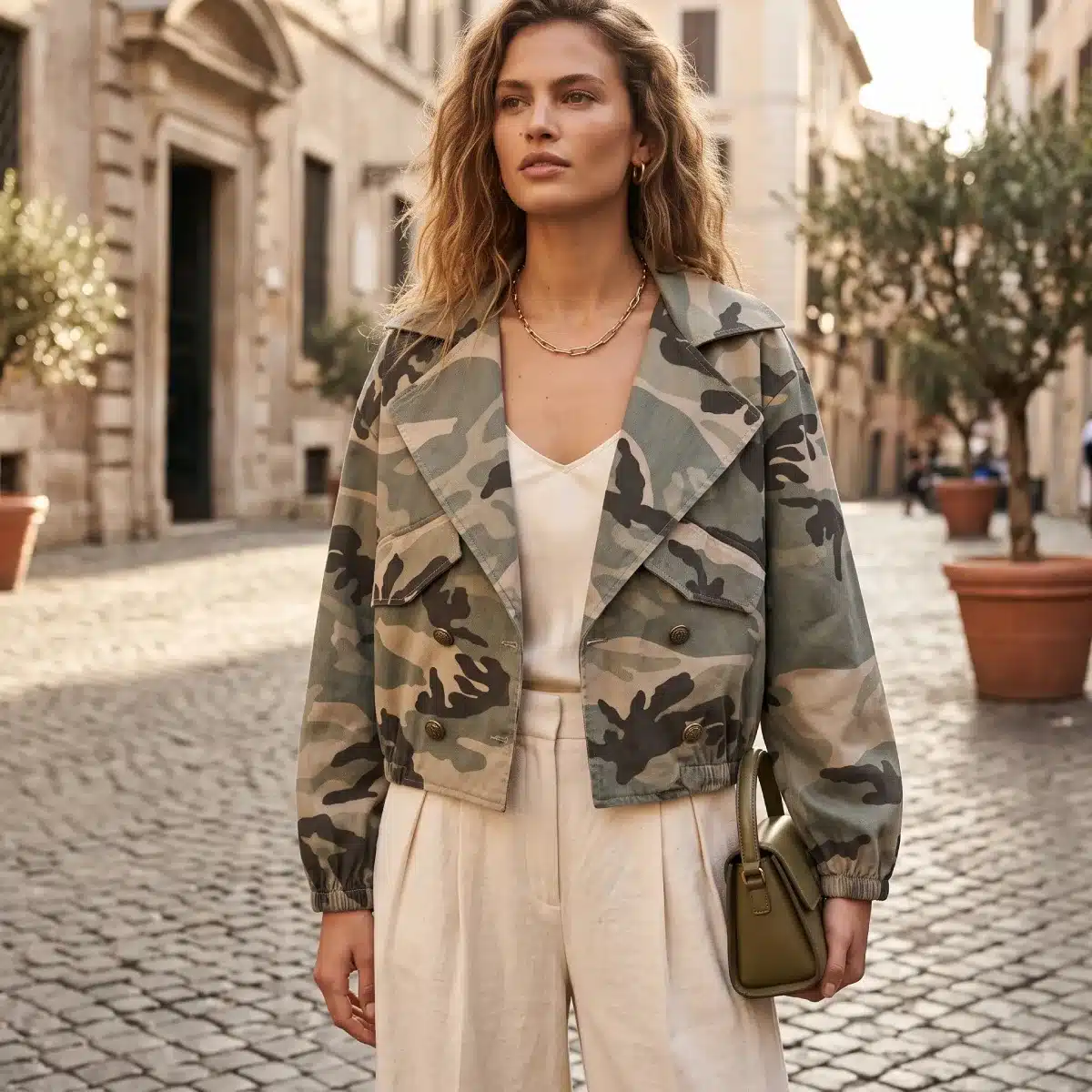 chaqueta corta de mujer con estampado de camuflaje militar y botones dorados. Look completo con top marfil Modamiomio