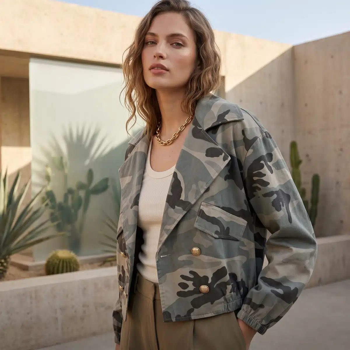 Chaqueta corta estilo militar. Prenda versátil combinada con top de tirantes Modamiomio